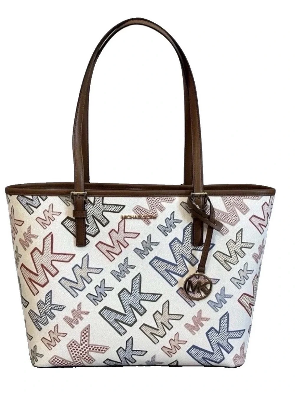 Michael Kors White Multi MK Logo Tote with Brown Trim